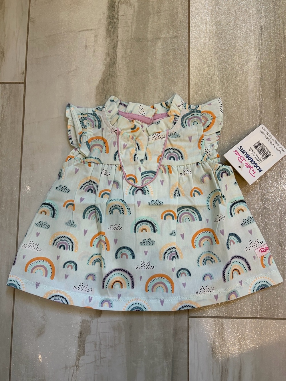 NWT RuffleButts Pastel Chasing Rainbows Woven Cotton Flutter Sleeveless top 3-6M